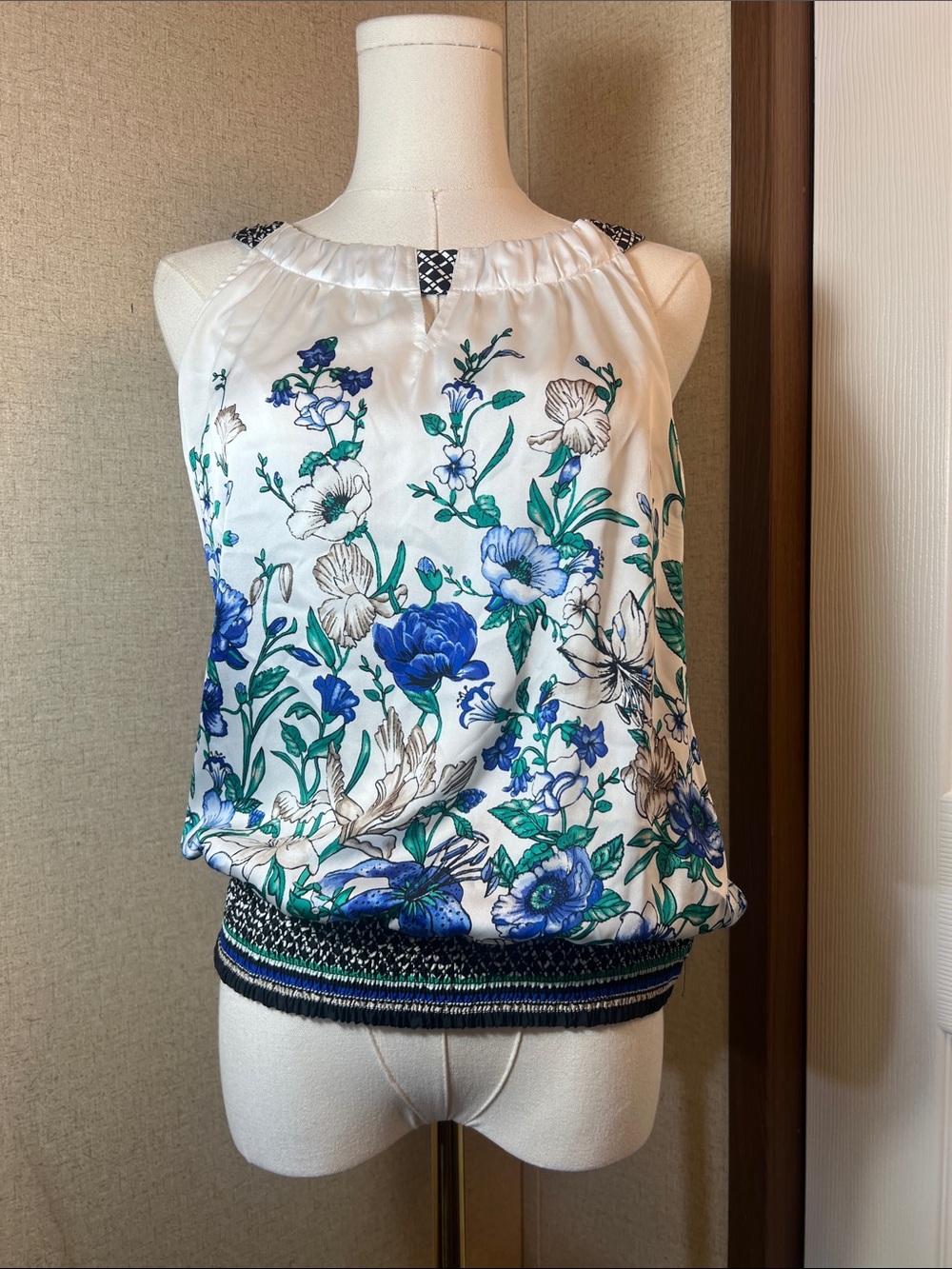 White House Black Market White Floral Halter Camisole with Blue and Green Print